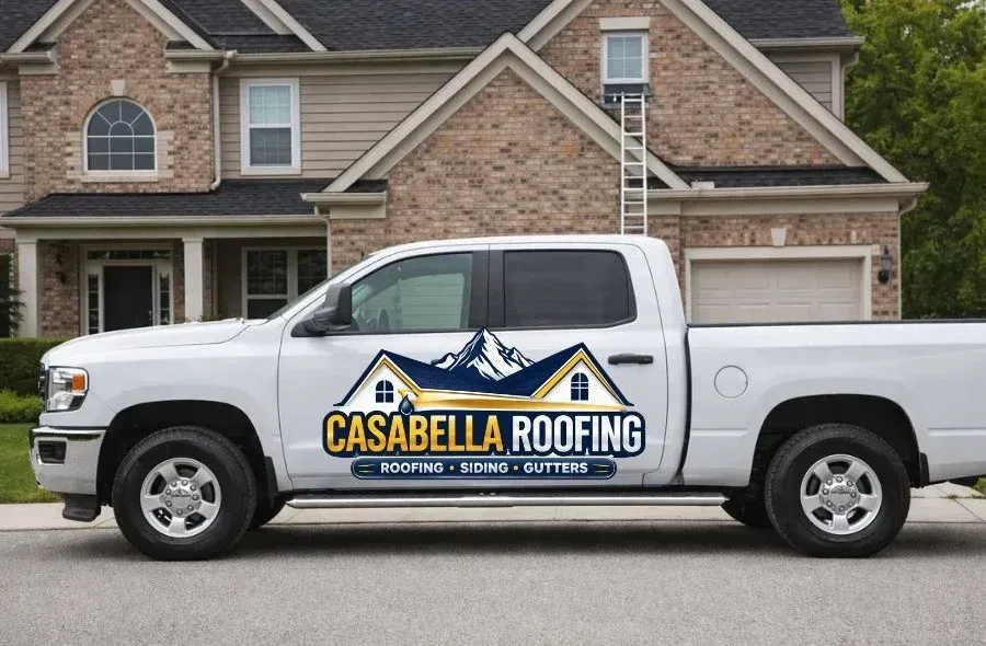 Casabella Roofing truck at a residential project